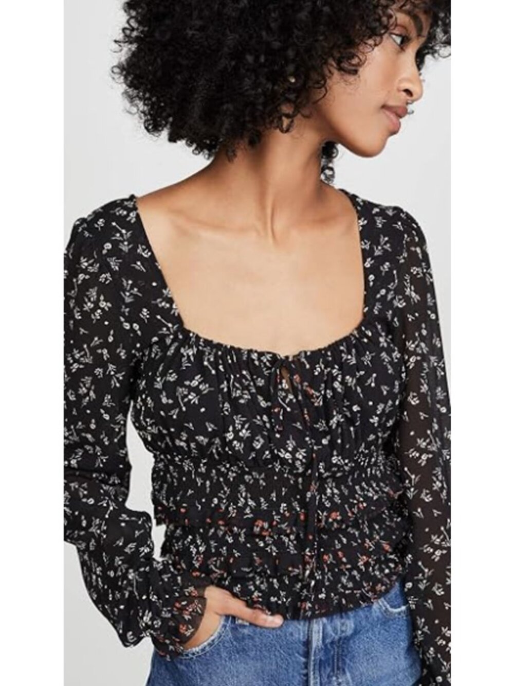 Free People Lolita Peasant Top Boho Black Floral Printed Size S